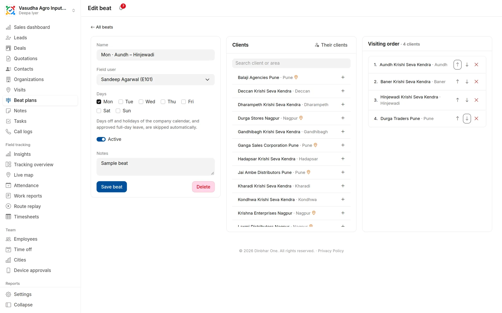 Beat editor: Pick the field user, the weekdays and the clients in visiting order