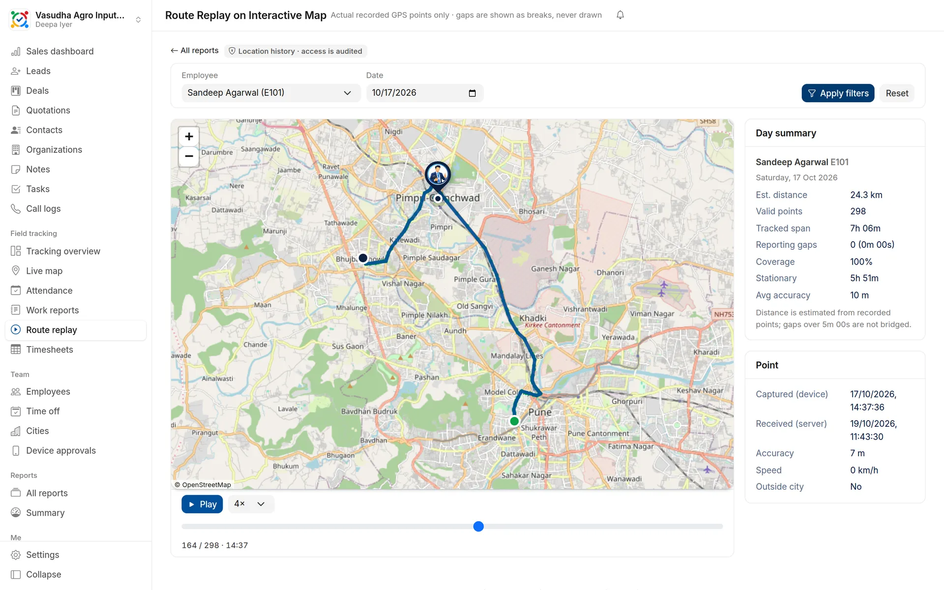 Route replay: A full day replayed on the map with distance, coverage and stops